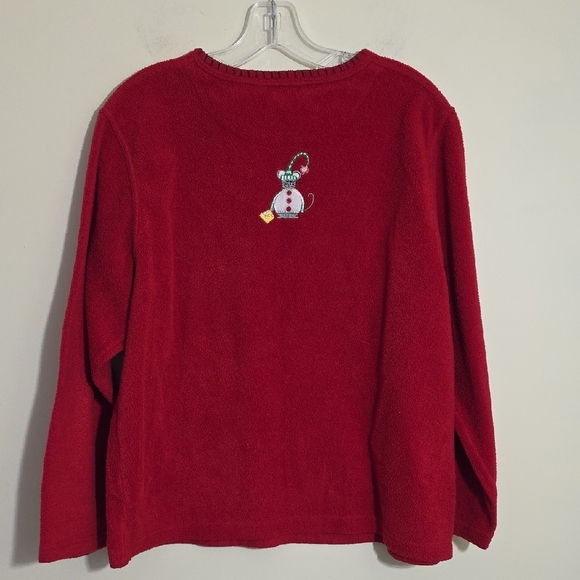 Vtg C.D. Sport Fleece Embroidered Christmas Cat With Mouse Sweatshirt Woman Sz L - Picture 5 of 13